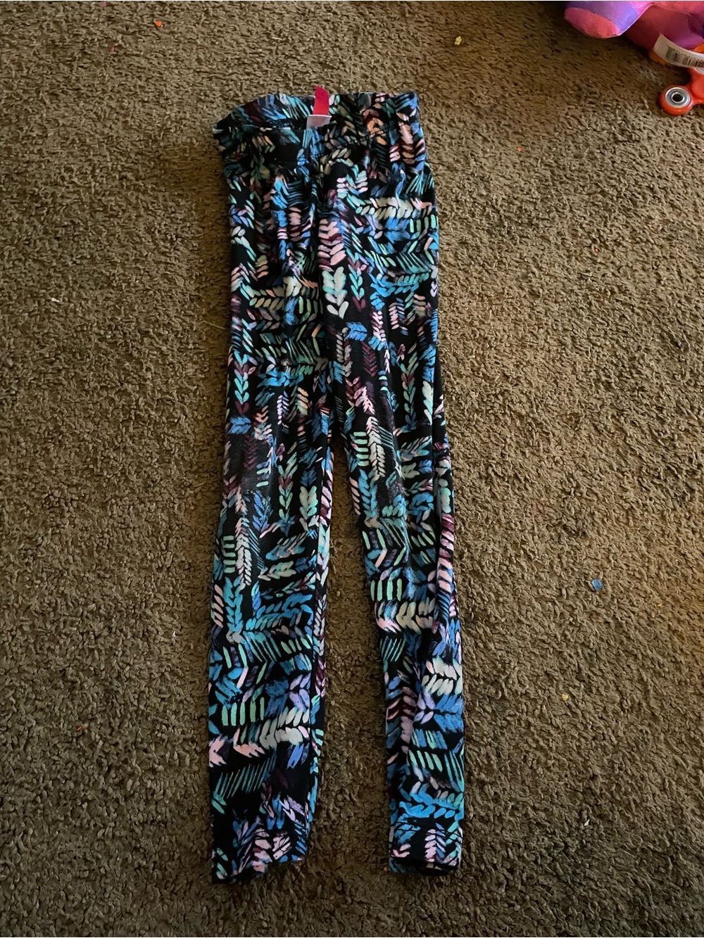Girls' Black Leggings with Blue, Pink, Purple & Green Leaf Print